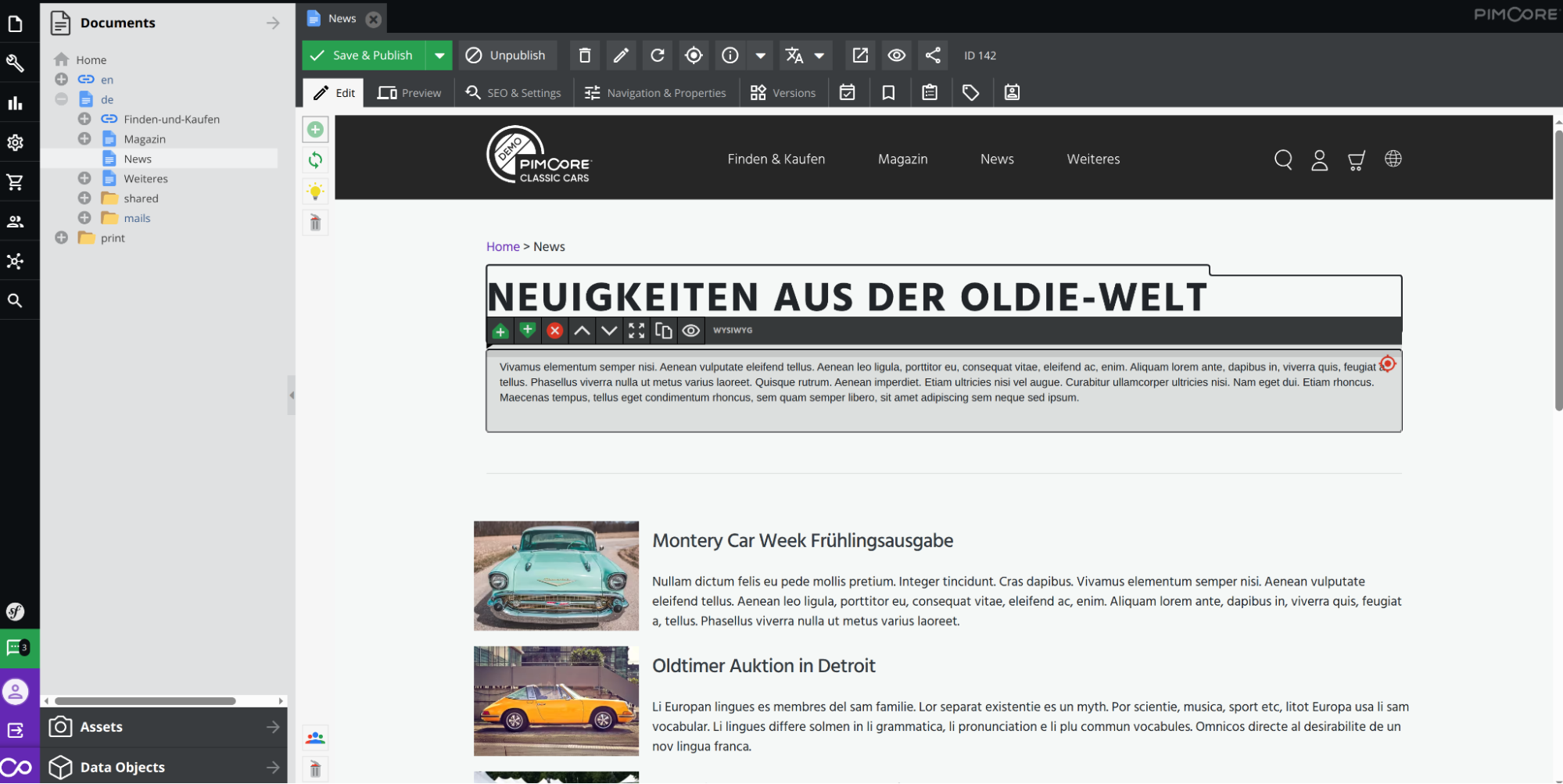 Pimcore document editor screenshot